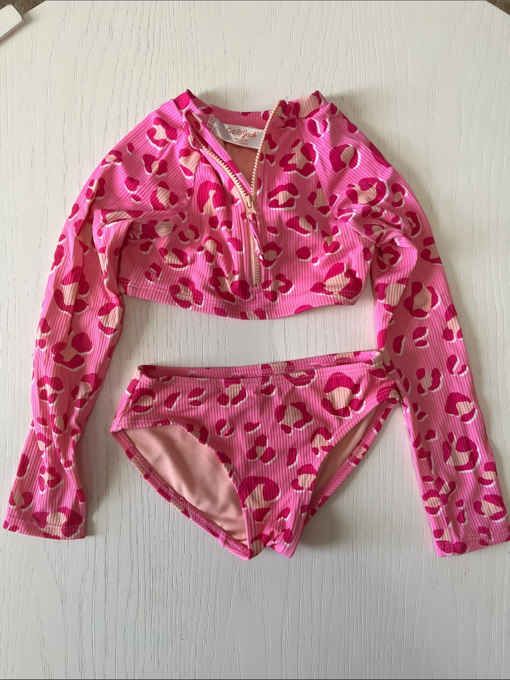 Cat & Jack Hot Pink Leopard-Print Long Sleeve Rashguard Bikini Set